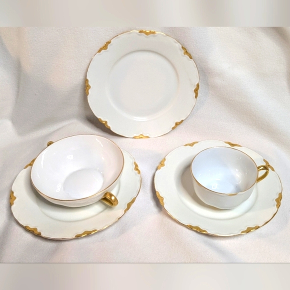 K&A Krautheim Selb Bavaria Plate Soup Bowl Cup IVORY/ Gold Gilt Scalloped Edge
